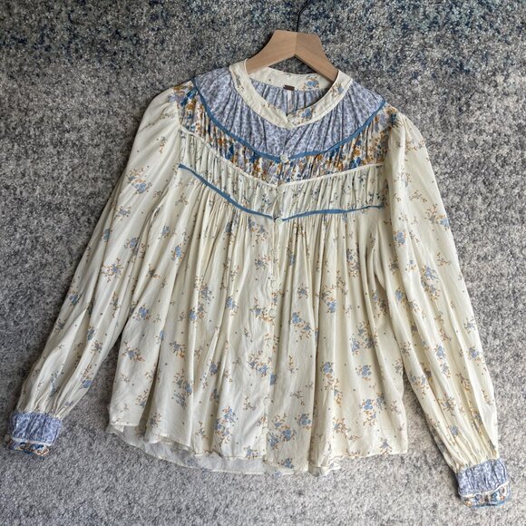 Free People Blouse Womens Small Boho Floral Print Long Sleeve Peasant Top - Picture 1 of 7
